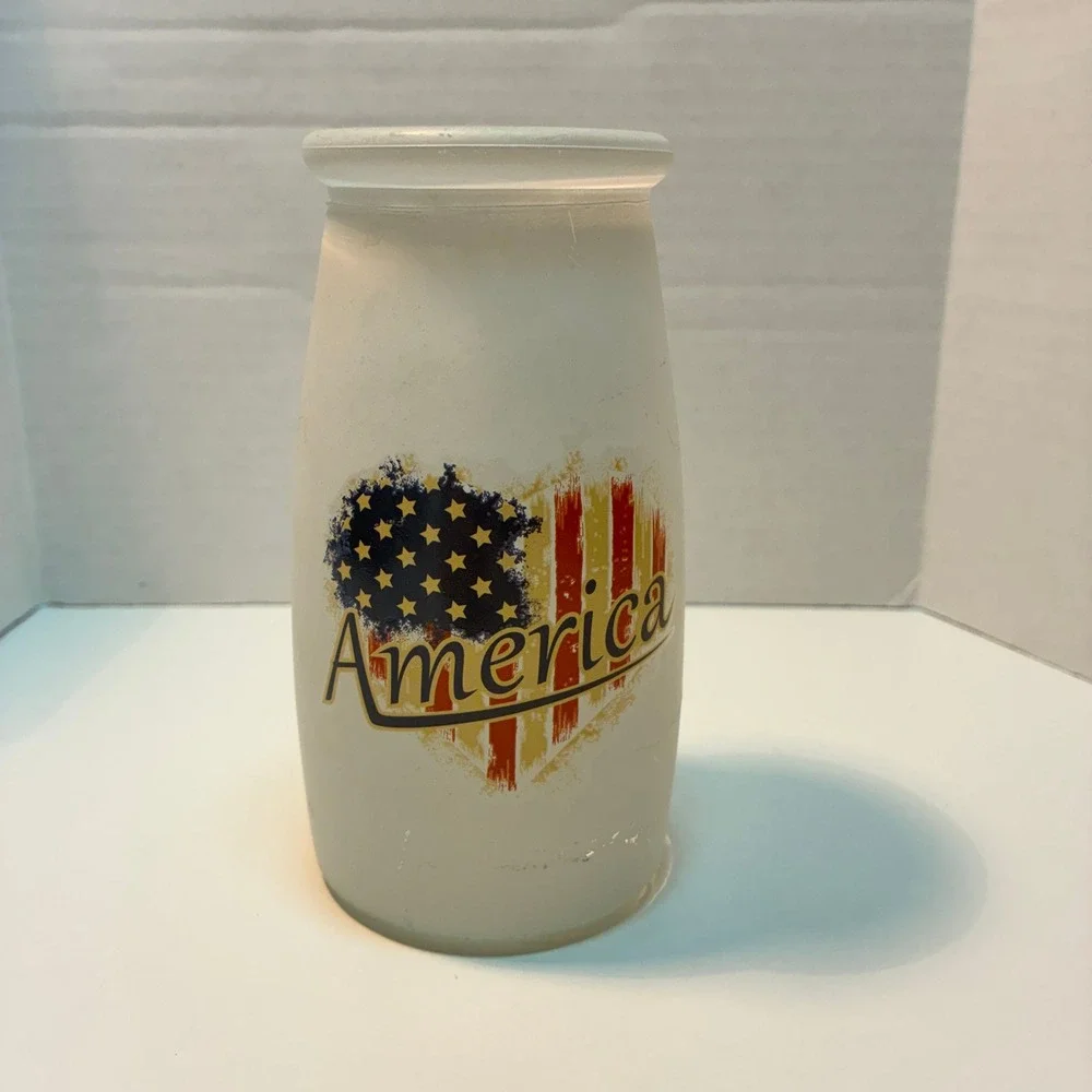 USA Patriotic America Flag Frosted Glass Can Shaped Tumbler 4th July Decor Party